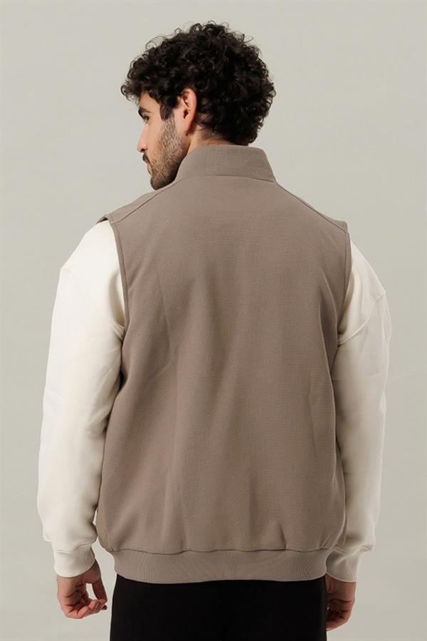 Escetic Açık Haki İçi Desenli Astar Kaplı 3 İplik Kalın Oversize Erkek Yelek TK0056