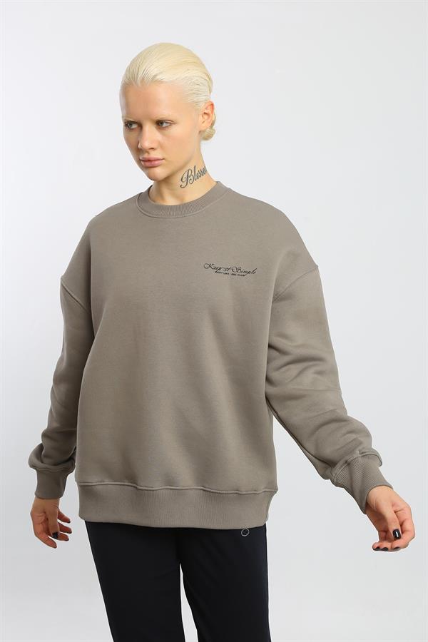 Escetic Açık Haki İçi Polarlı 3 İplik Oversize Kadın Sweatshirt T0129