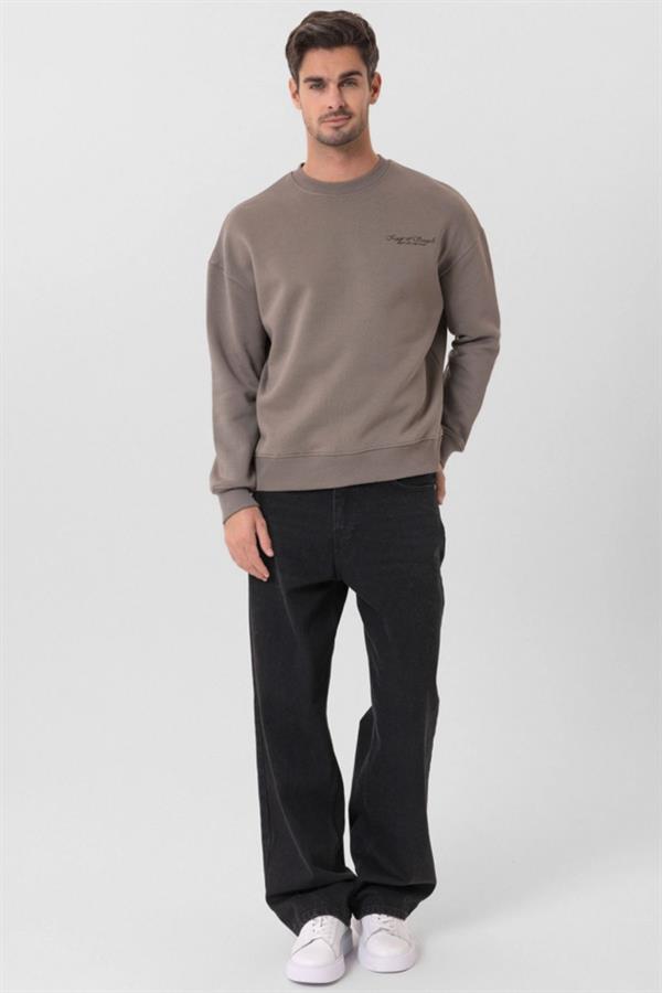 Escetic Açık Haki İçi Polarlı 3 İplik Oversize Erkek Sweatshirt T0129