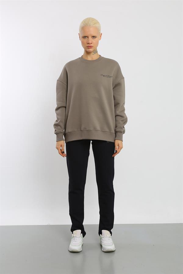 Escetic Açık Haki İçi Polarlı 3 İplik Oversize Kadın Sweatshirt T0129
