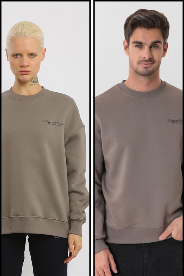 Escetic Açık Haki İçi Polarlı 3 İplik Oversize Erkek Sweatshirt T0129