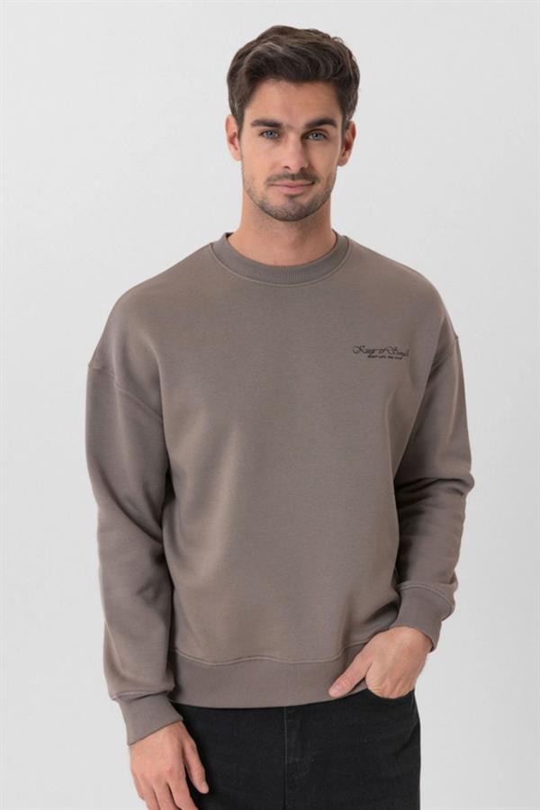 Escetic Açık Haki İçi Polarlı 3 İplik Oversize Erkek Sweatshirt T0129