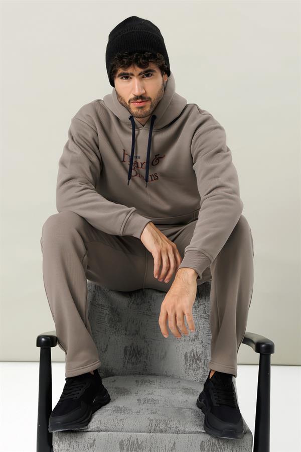 Escetic Açık Haki Polarlı Rahat Kalıp Kalın Kışlık Erkek Eşofman Takımı A3138