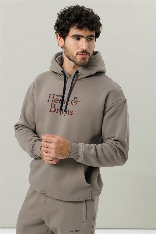 Escetic Açık Haki Polarlı Rahat Kalıp Kalın Kışlık Erkek Eşofman Takımı A3138