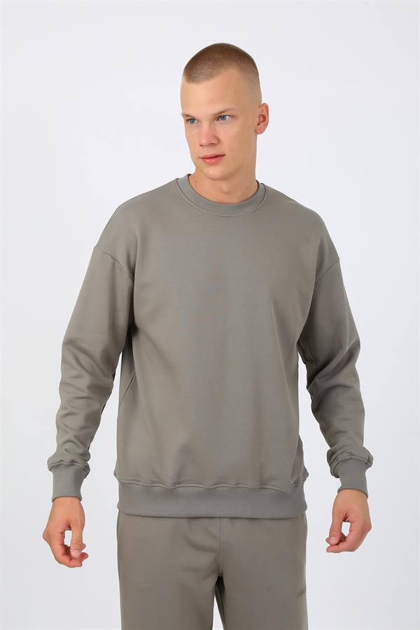 Açık Haki Şardonsuz 3 İplik Oversize Kalıp Erkek Sweatshirt T0121