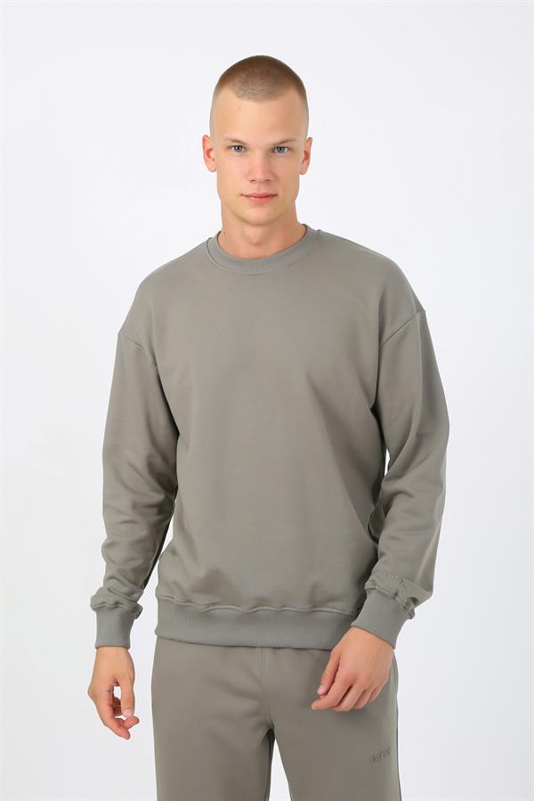 Açık Haki Şardonsuz 3 İplik Oversize Kalıp Erkek Sweatshirt T0121