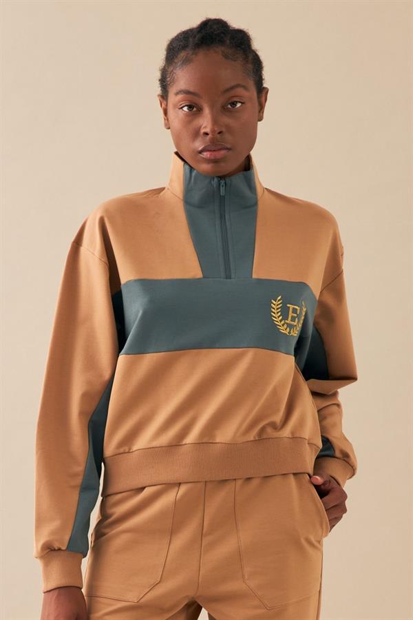 Escetic Açık Kahve Kadın Casual Dik Yaka Nefes Alan 2 İplik 4 Mevsim Spor Eşofman Takımı A3132