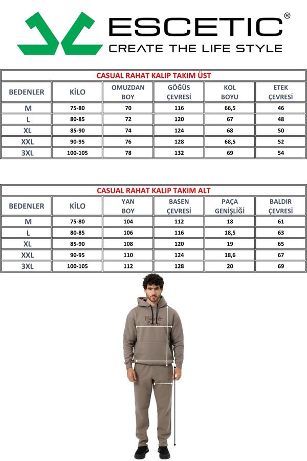 Escetic Açık Kahve Polarlı Rahat Kalıp Kalın Kışlık Erkek Eşofman Takımı A3138
