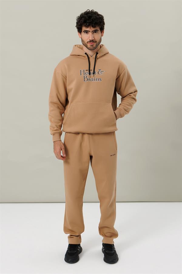 Escetic Açık Kahve Polarlı Rahat Kalıp Kalın Kışlık Erkek Eşofman Takımı A3138