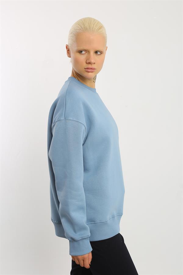 Escetic Açık Mavi İçi Polarlı 3 İplik Oversize Kadın Sweatshirt T0129