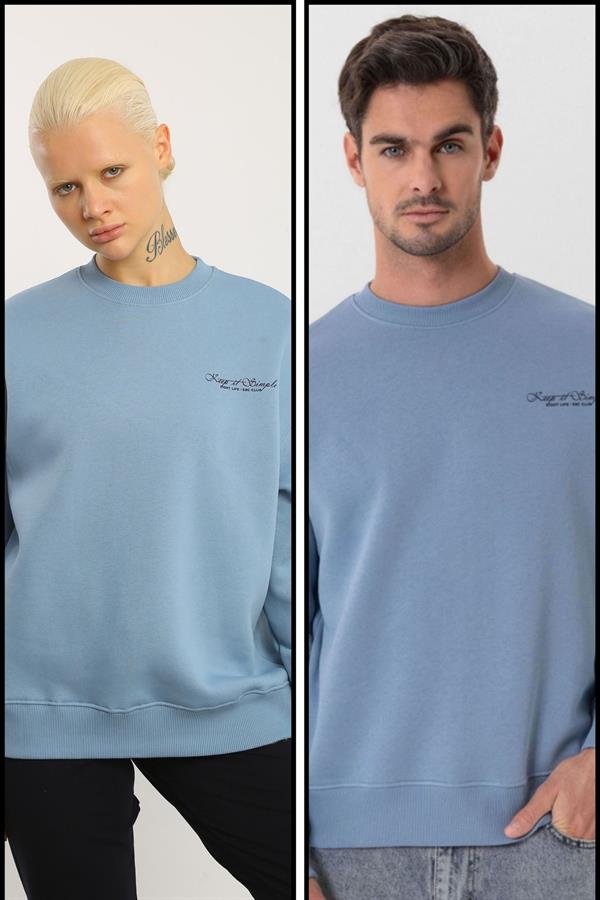Escetic Açık Mavi İçi Polarlı 3 İplik Oversize Erkek Sweatshirt T0129