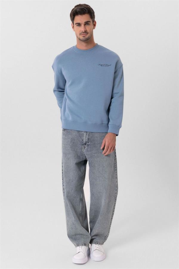 Escetic Açık Mavi İçi Polarlı 3 İplik Oversize Erkek Sweatshirt T0129