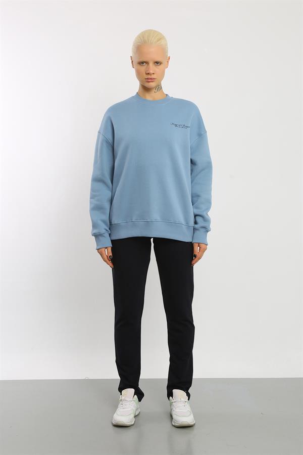 Escetic Açık Mavi İçi Polarlı 3 İplik Oversize Kadın Sweatshirt T0129