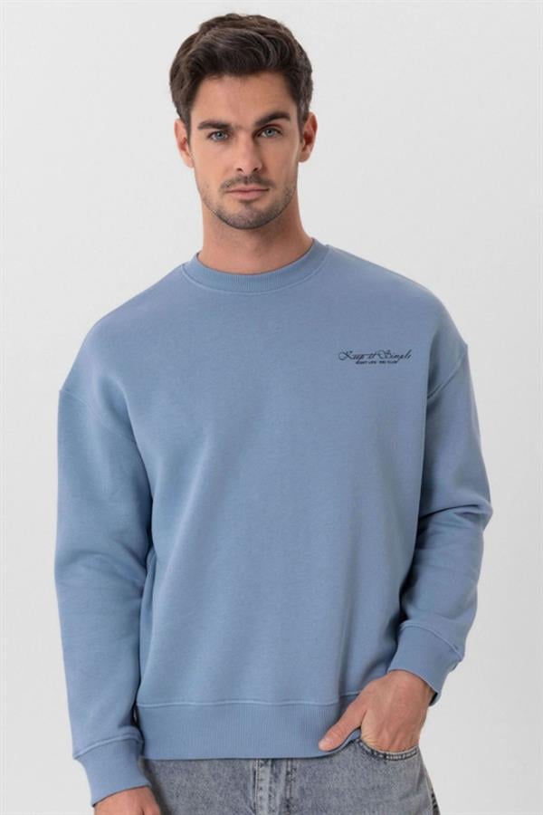 Escetic Açık Mavi İçi Polarlı 3 İplik Oversize Erkek Sweatshirt T0129