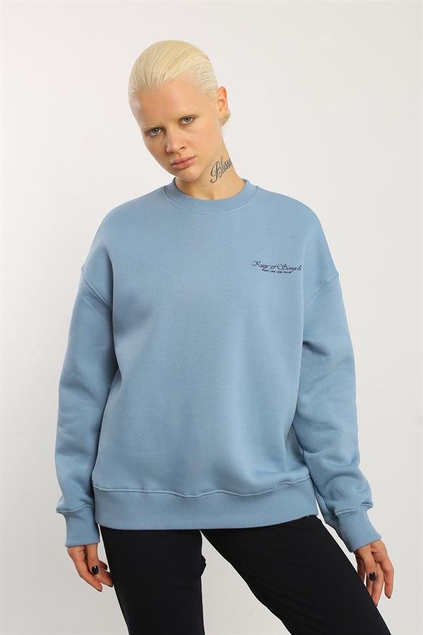 Escetic Açık Mavi İçi Polarlı 3 İplik Oversize Kadın Sweatshirt T0129