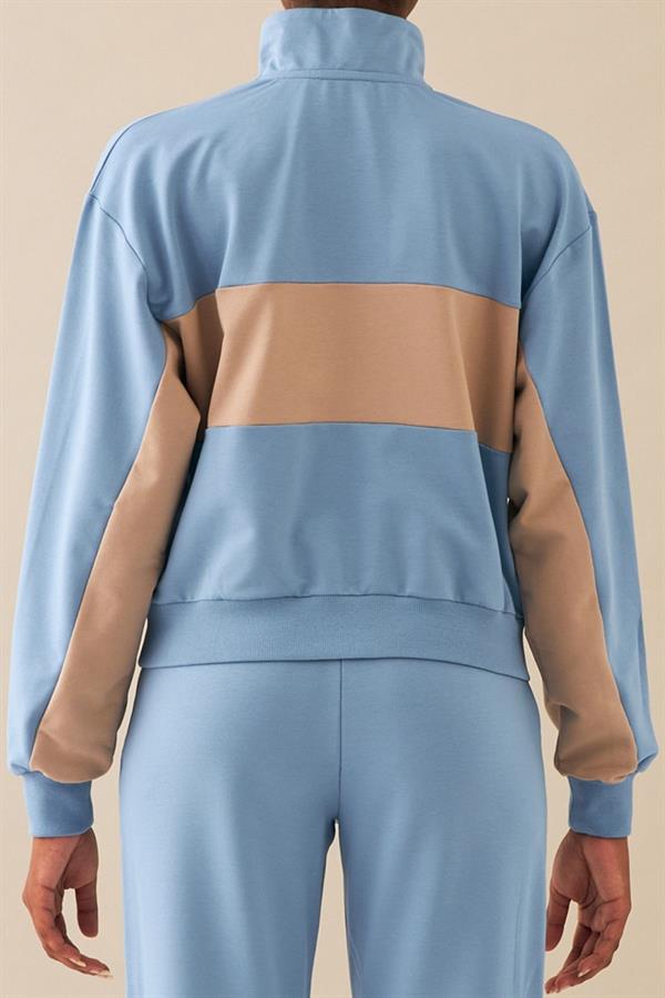 Escetic Açık Mavi Kadın Casual Dik Yaka Nefes Alan 2 İplik 4 Mevsim Spor Eşofman Takımı A3132