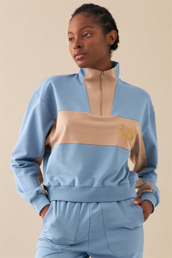 Escetic Açık Mavi Kadın Casual Dik Yaka Nefes Alan 2 İplik 4 Mevsim Spor Eşofman Takımı A3132