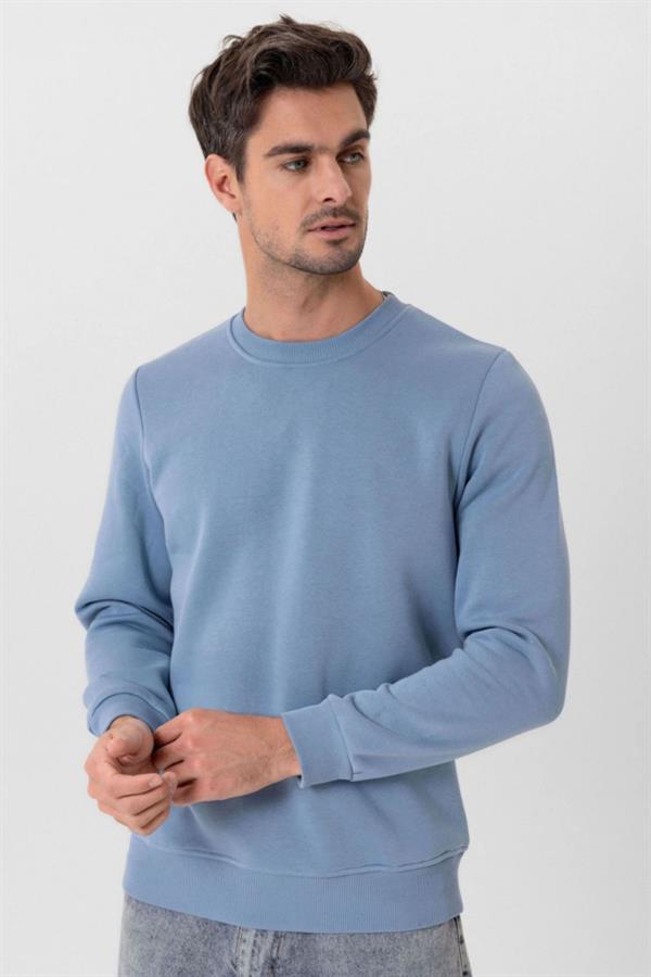 Escetic Açık Mavi Kalın İçi Polarlı O Yaka Regular Kalıp Kışlık Erkek Sweatshirt T0137