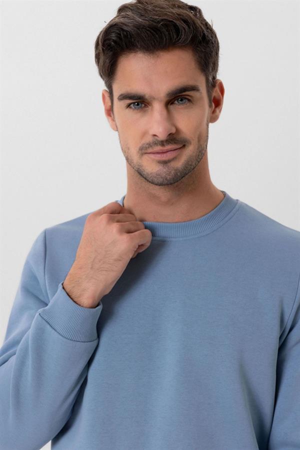 Escetic Açık Mavi Kalın İçi Polarlı O Yaka Regular Kalıp Kışlık Erkek Sweatshirt T0137