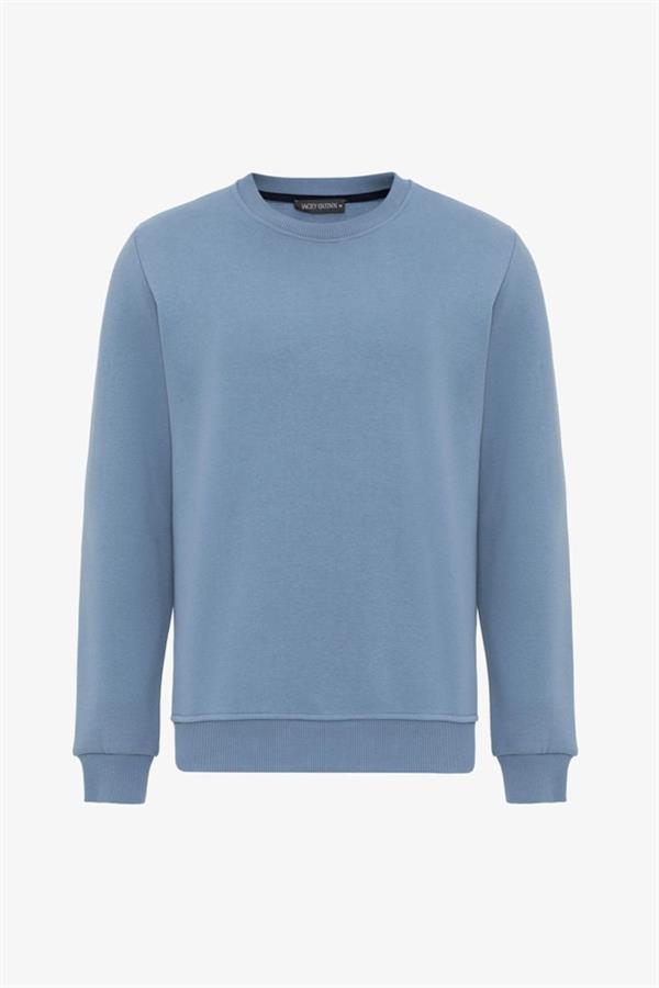 Escetic Açık Mavi Kalın İçi Polarlı O Yaka Regular Kalıp Kışlık Erkek Sweatshirt T0137