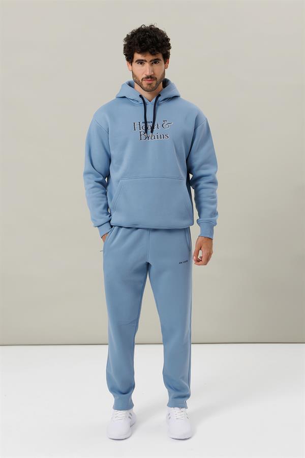 Escetic Açık Mavi Polarlı Rahat Kalıp Kalın Kışlık Erkek Eşofman Takımı A3138