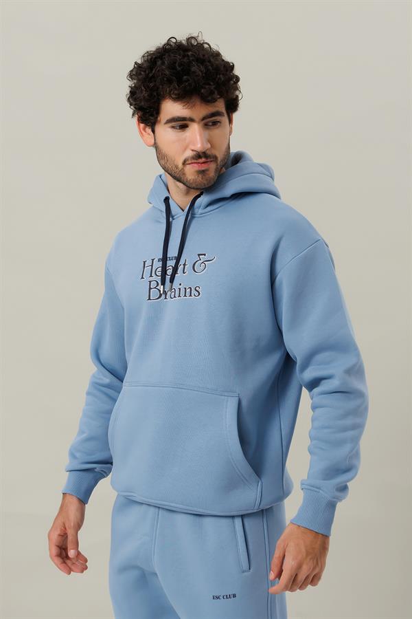 Escetic Açık Mavi Polarlı Rahat Kalıp Kalın Kışlık Erkek Eşofman Takımı A3138