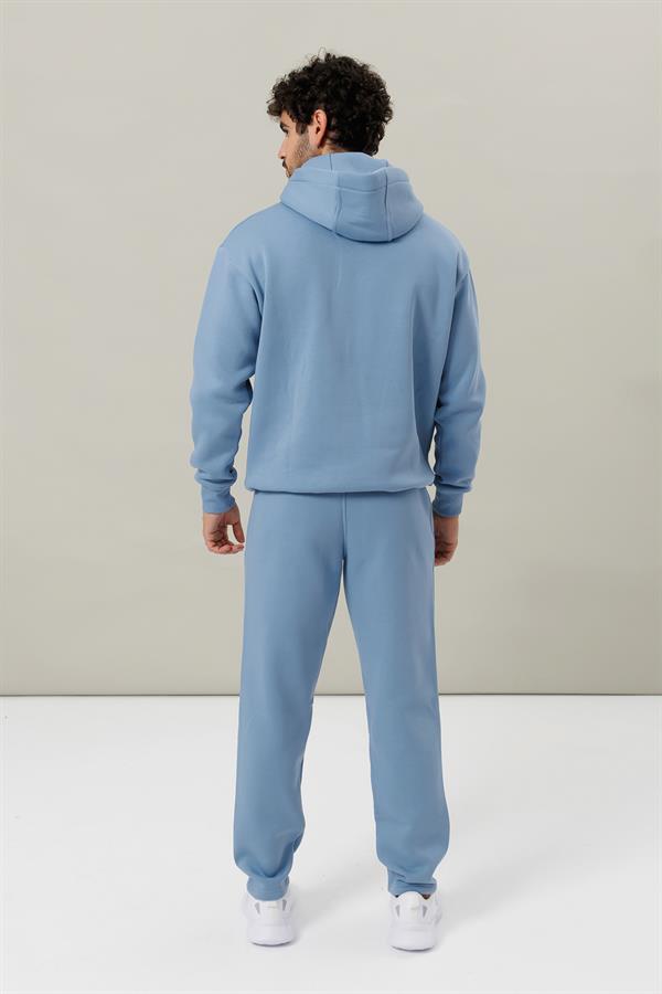 Escetic Açık Mavi Polarlı Rahat Kalıp Kalın Kışlık Erkek Eşofman Takımı A3138