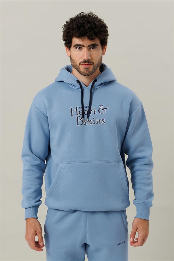 Escetic Açık Mavi Polarlı Rahat Kalıp Kalın Kışlık Erkek Eşofman Takımı A3138