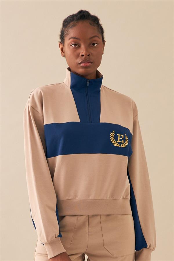 Escetic Bej Kadın Casual Dik Yaka Nefes Alan 2 İplik 4 Mevsim Spor Eşofman Takımı A3132