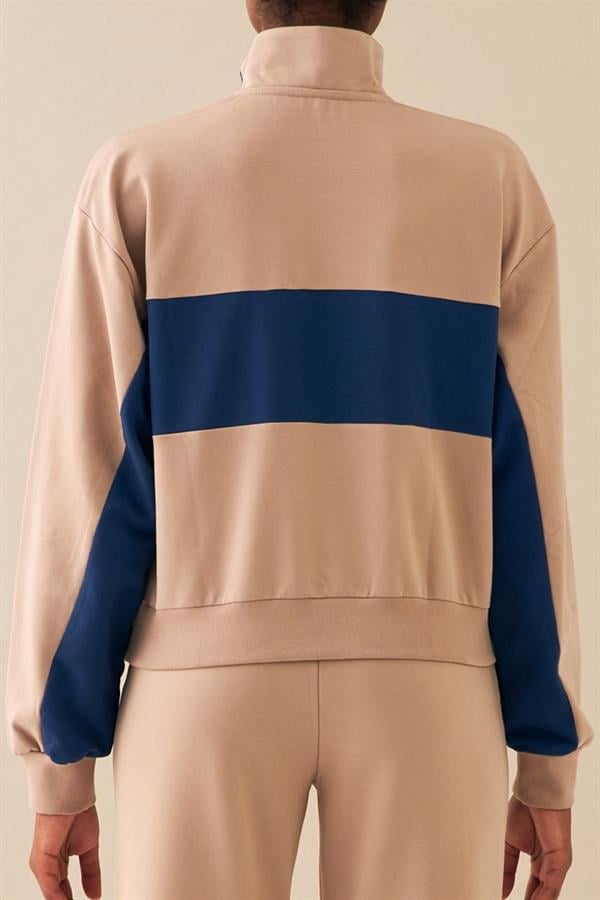 Escetic Bej Kadın Casual Dik Yaka Nefes Alan 2 İplik 4 Mevsim Spor Eşofman Takımı A3132