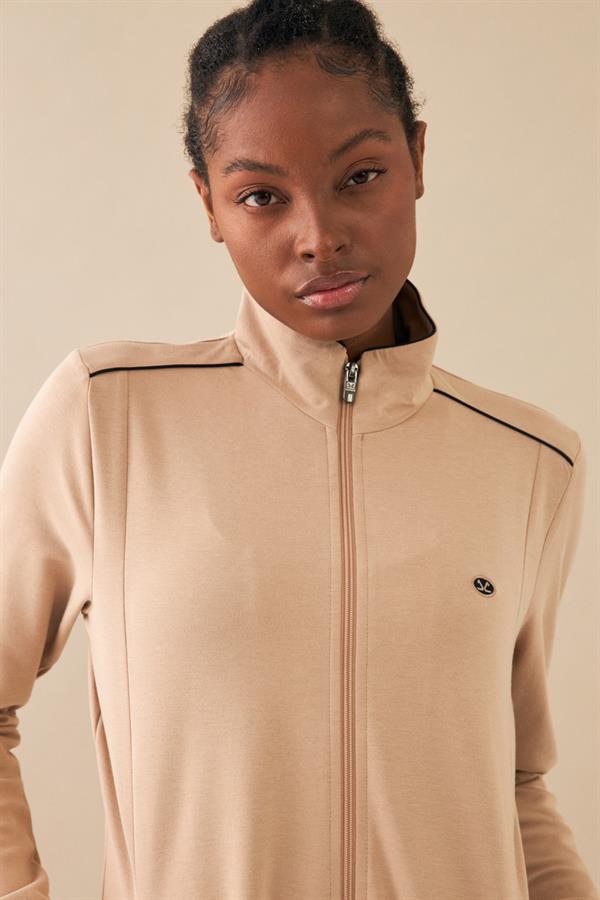 Escetic Bej Kadın Dik Yaka Nefes Alabilen 2 İplik 4 Mevsim Spor Tunik Eşofman Takım 6725