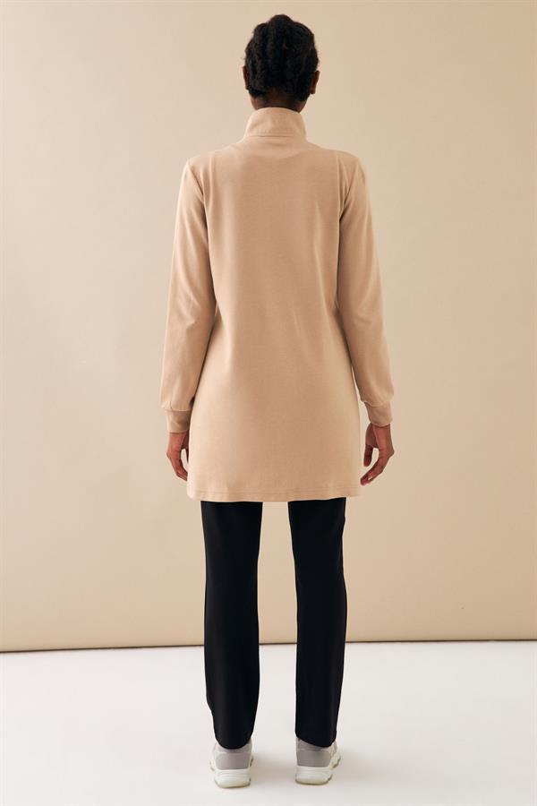 Escetic Bej Kadın Dik Yaka Nefes Alabilen 2 İplik 4 Mevsim Spor Tunik Eşofman Takım 6725