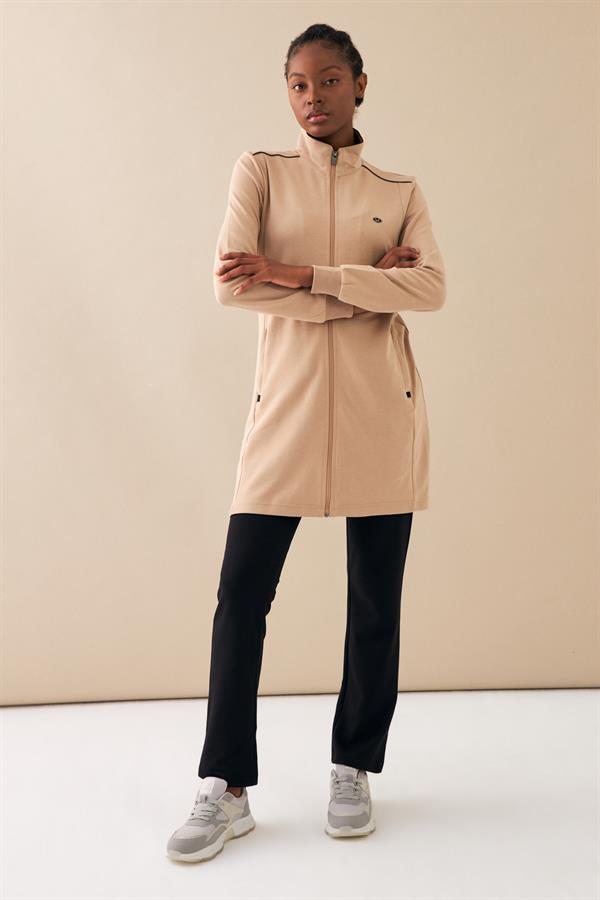 Escetic Bej Kadın Dik Yaka Nefes Alabilen 2 İplik 4 Mevsim Spor Tunik Eşofman Takım 6725