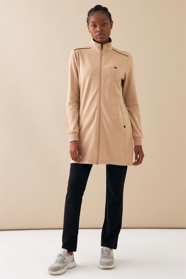 Escetic Bej Kadın Dik Yaka Nefes Alabilen 2 İplik 4 Mevsim Spor Tunik Eşofman Takım 6725