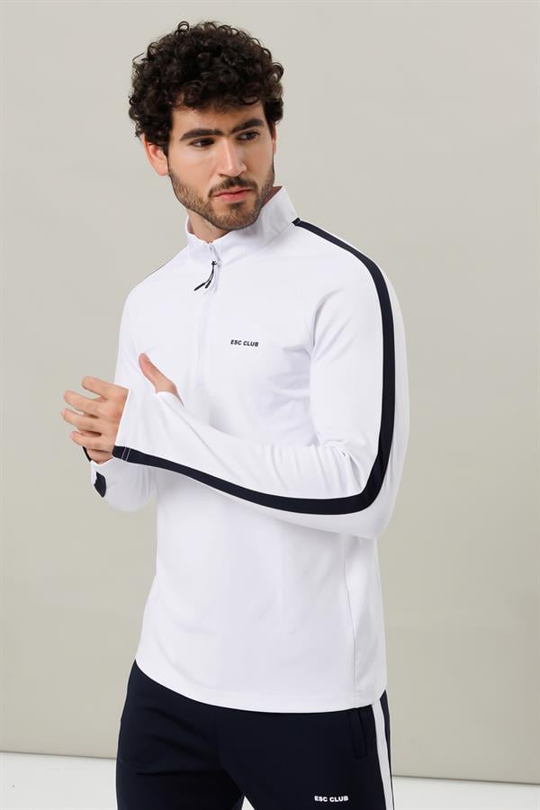 Escetic Beyaz 2 Cepli Dik Yaka 4 Mevsim Micro Şardonlu Dalgıç Kumaş Slimfit Erkek Eşofman Takımı A3139