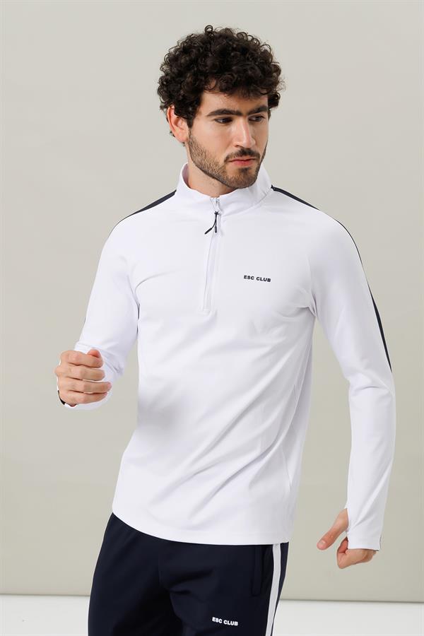 Escetic Beyaz 2 Cepli Dik Yaka 4 Mevsim Micro Şardonlu Dalgıç Kumaş Slimfit Erkek Eşofman Takımı A3139