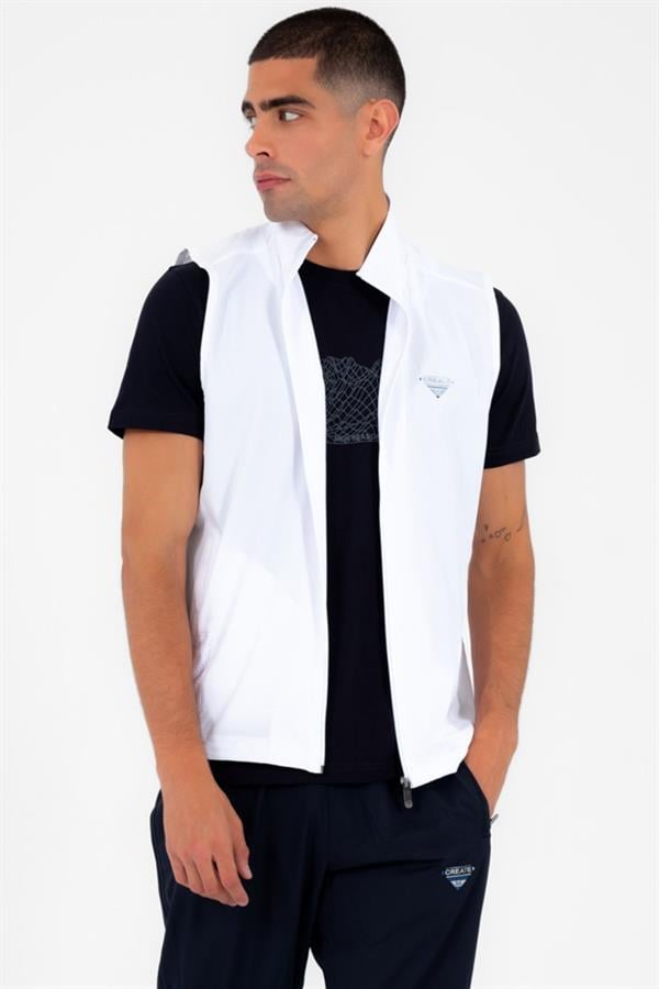Escetic Beyaz Erkek Dik Yaka Spor Likra Nefes Alabilen 4 Cepli Yazlık Slimfit Yelekli Eşofman Takımı 6921