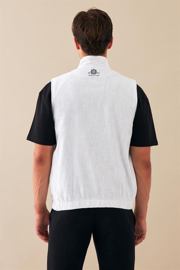 Escetic Beyaz Erkek Nefes Alabilen Pamuklu Flamlı Dokuma Kumaş Keten Spor Yelek 6934