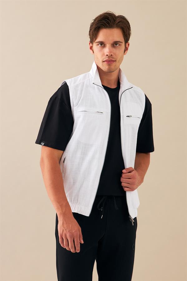 Escetic Beyaz Erkek Nefes Alabilen Pamuklu Flamlı Dokuma Kumaş Keten Spor Yelek 6934