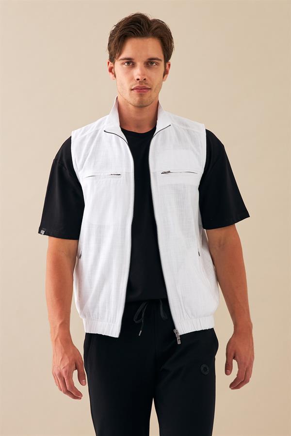 Escetic Beyaz Erkek Nefes Alabilen Pamuklu Flamlı Dokuma Kumaş Keten Spor Yelek 6934
