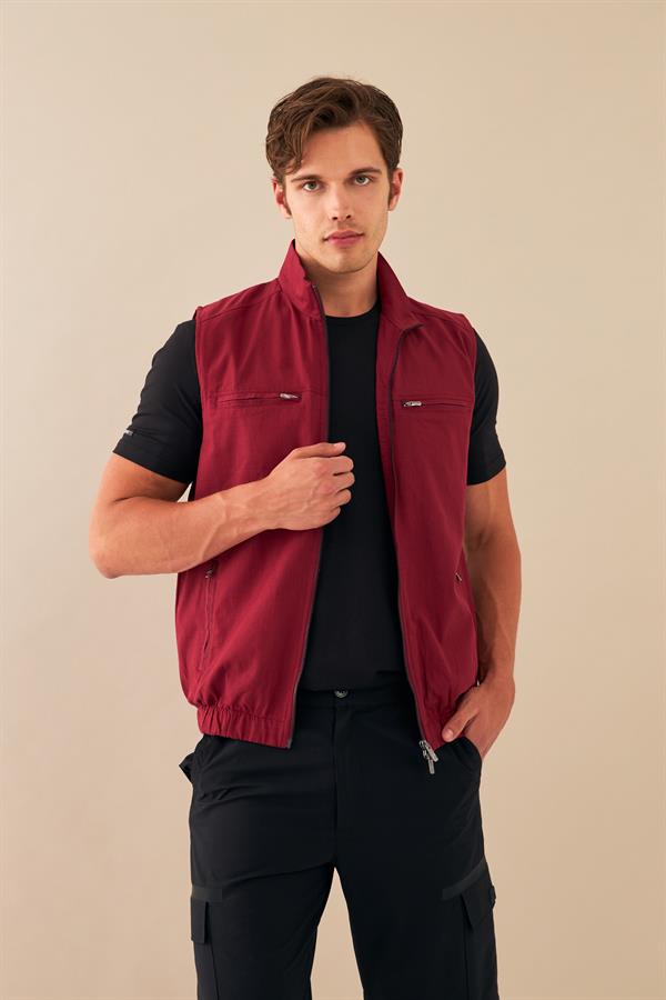 Escetic Bordo Erkek Nefes Alabilen Pamuklu Flamlı Dokuma Kumaş Keten Spor Yelek 6934