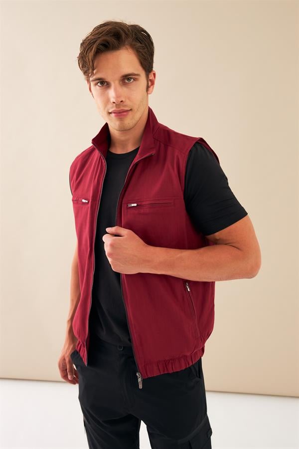 Escetic Bordo Erkek Nefes Alabilen Pamuklu Flamlı Dokuma Kumaş Keten Spor Yelek 6934