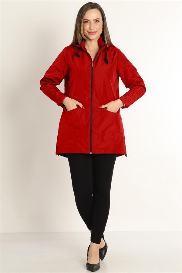 Escetic Bordo Kadın Çıkarılabilir Kapüşonlu File Astarlı Su İtici Rüzgarlık İnce Ceket 7085