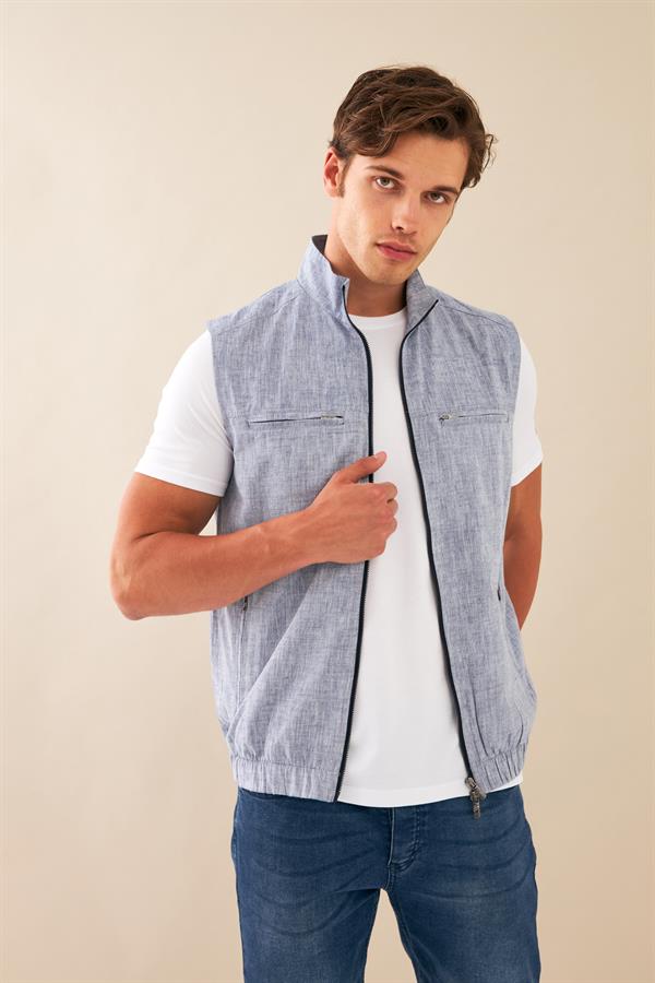 Escetic Buz Mavisi Erkek Nefes Alabilen Pamuklu Flamlı Dokuma Kumaş Keten Spor Yelek 6934