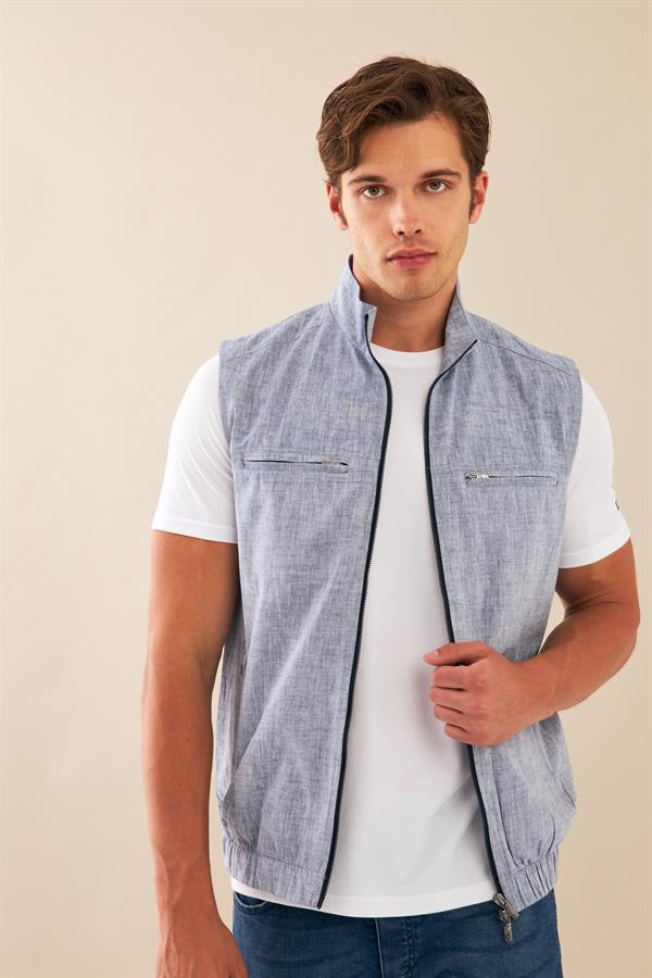 Escetic Buz Mavisi Erkek Nefes Alabilen Pamuklu Flamlı Dokuma Kumaş Keten Spor Yelek 6934