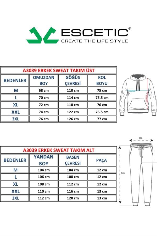 Escetic Ekru Erkek 3 İplik Nefes Alabilen Pamuklu Baskılı Spor Slimfit Sweat Takım A3039