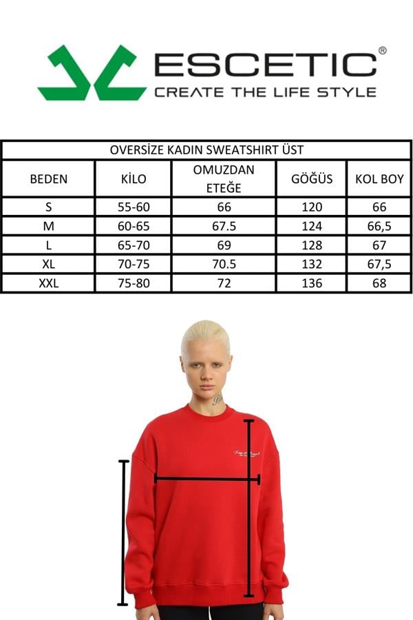 Escetic Ekru İçi Polarlı 3 İplik Oversize Kadın Sweatshirt T0129