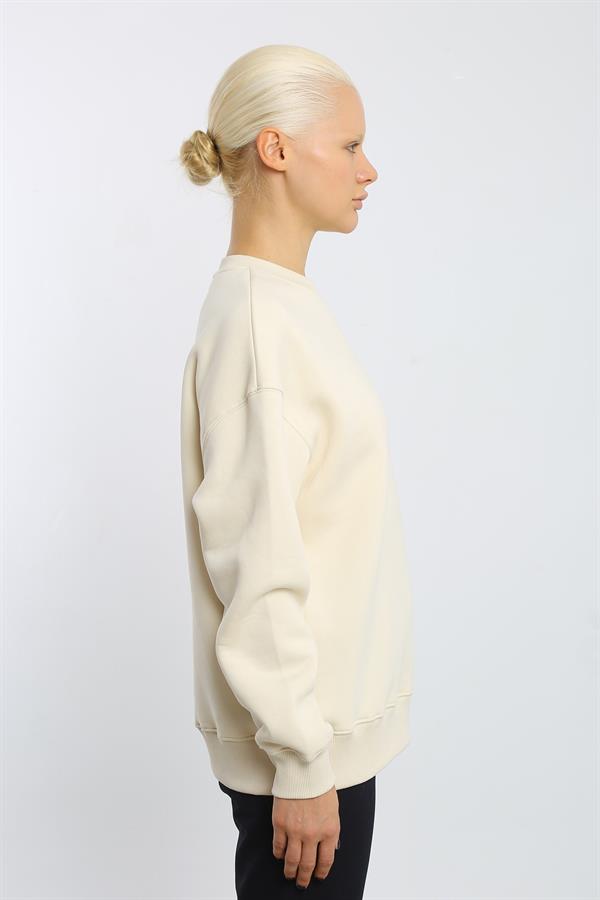 Escetic Ekru İçi Polarlı 3 İplik Oversize Kadın Sweatshirt T0129