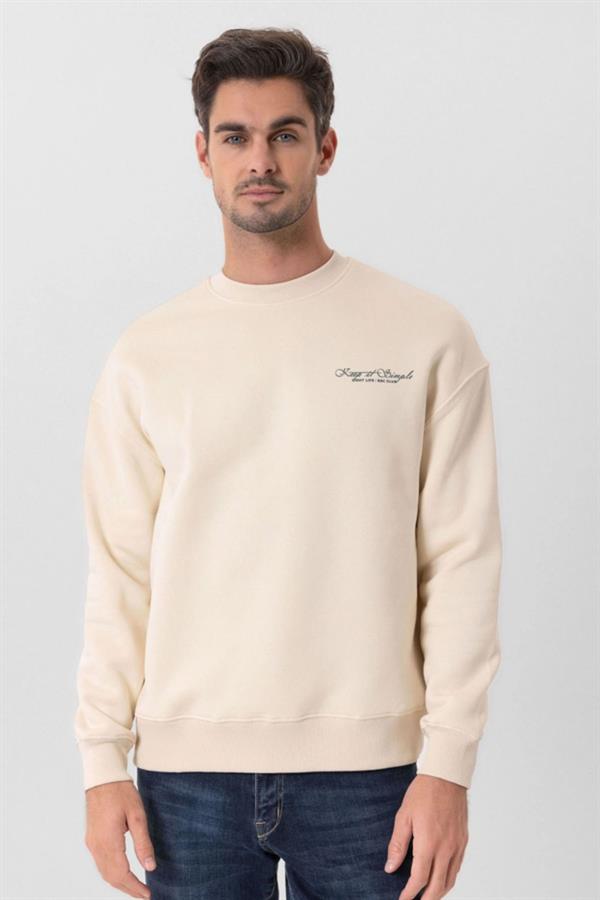 Escetic Ekru İçi Polarlı 3 İplik Oversize Erkek Sweatshirt T0129