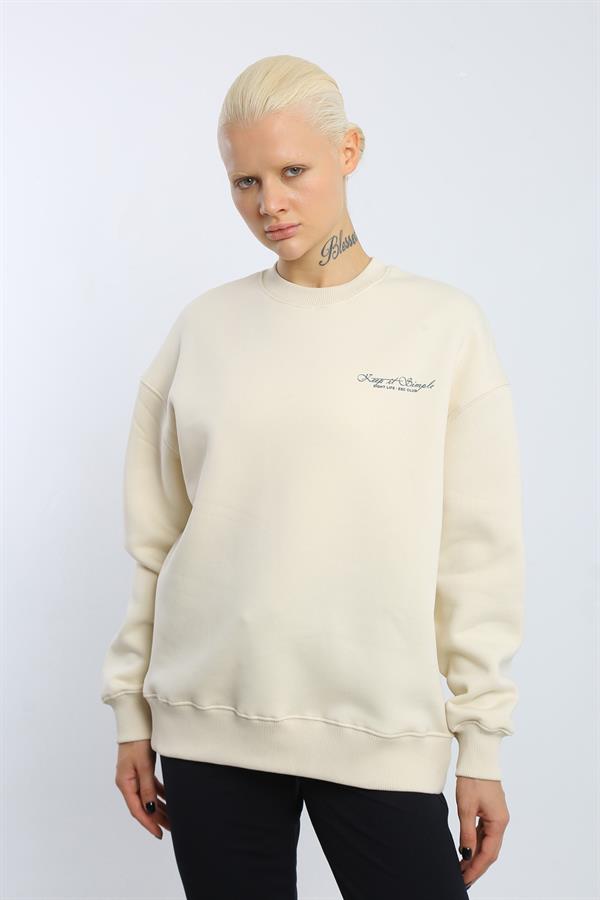 Escetic Ekru İçi Polarlı 3 İplik Oversize Kadın Sweatshirt T0129